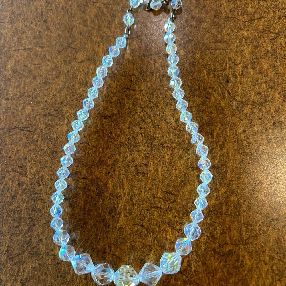 Aurora Borealis Crystal Bead Necklace - Clear Iridescent VINTAGE 1980